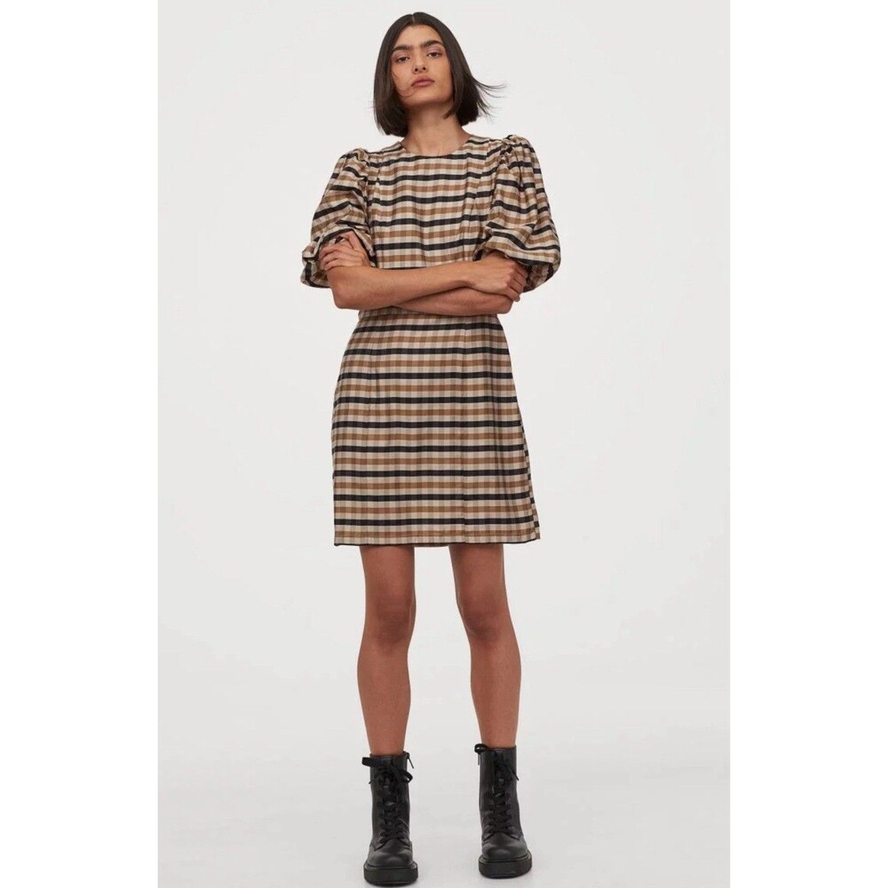 H&M Womenโs Fall Ballon Sleeve Mini Check Brown Black Dress-L